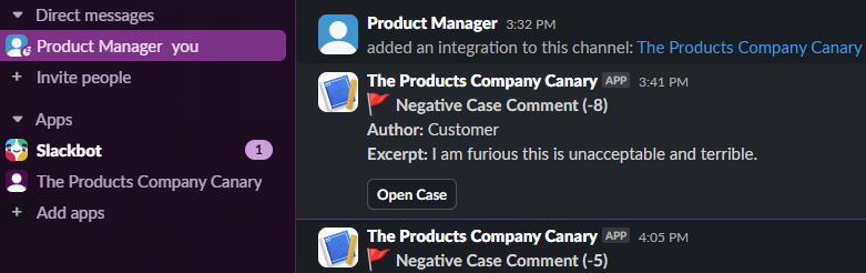 Slack alert example from Case Canary